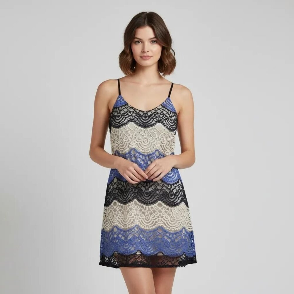 Honey And Rosie Women's White/Blue Lace Overlay Lined Cami Dress Size Small NWT